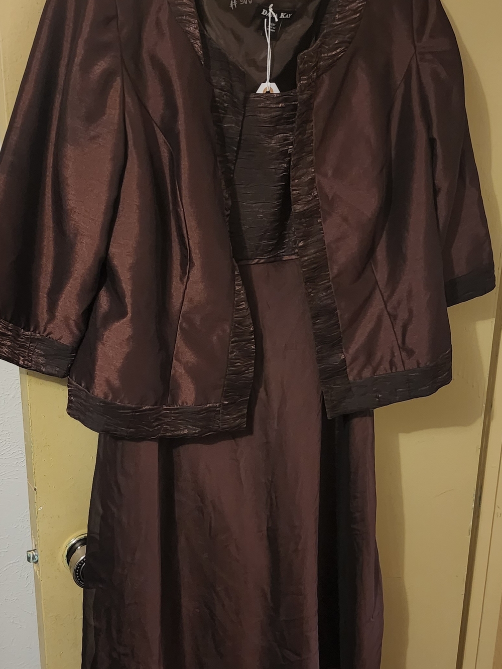 2pc Brown Satin Dress & Jacket Set
